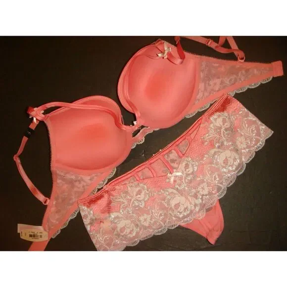 Victoria's Secret 32D,32DDD BRA SET S thongs ORANGE SILVER WHITE SEXY SEDUCTION